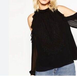 Zara Cold Shoulder Black Feminine Ruffle / Embroidered Blouse Small
